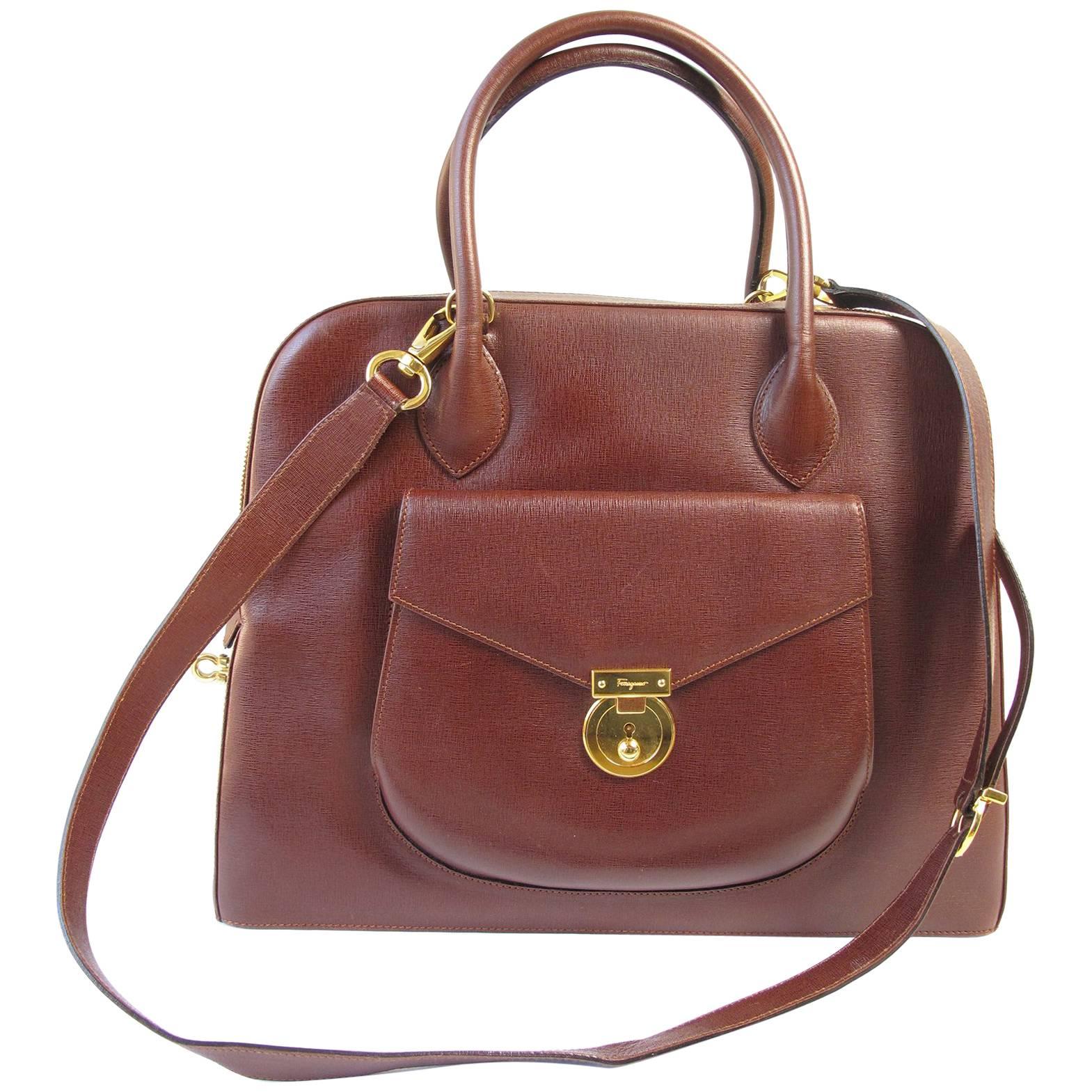 Ferragamo Brown Leather Structured Bag 