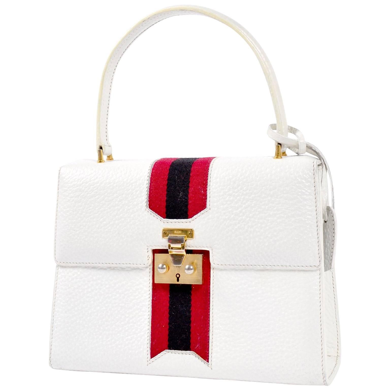 Vintage White Gucci Handbag Satchel in Leather With Stripes & Key Lock