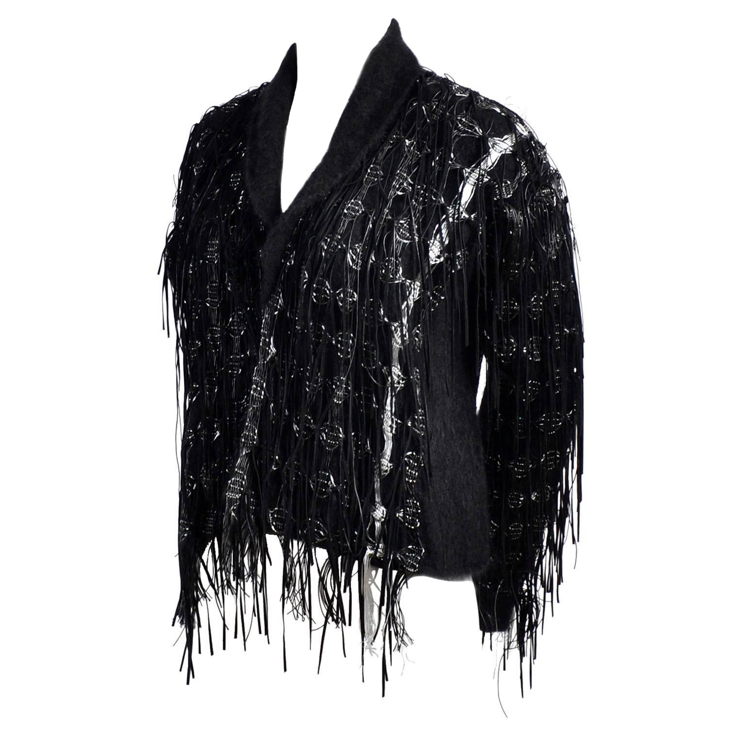 Lainey Keogh Ireland Hand Knit Silk Wool Leather Fringe Metallic Sweater Jacket 