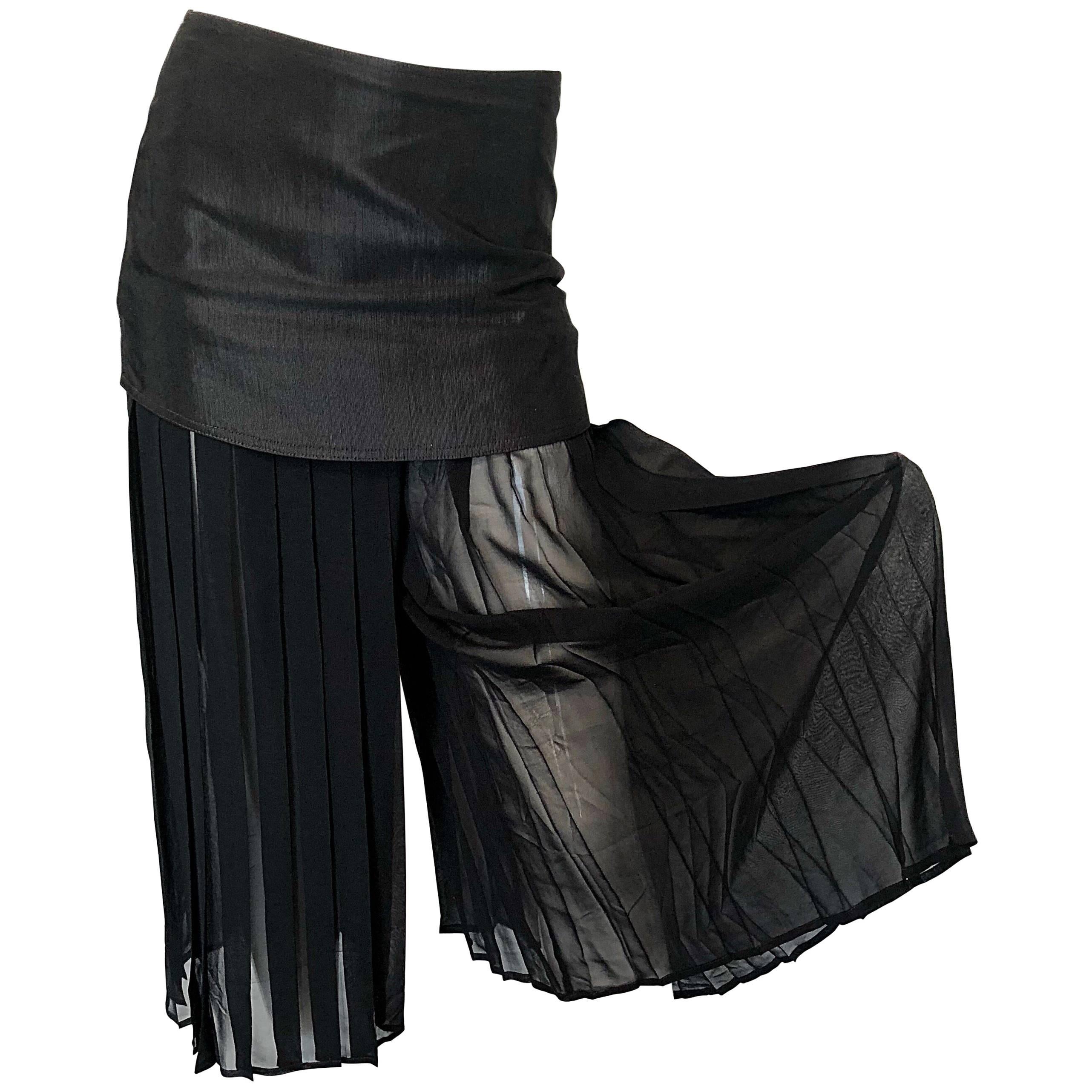 Chic 1990s Italian Black Chiffon Wide Palazzo Leg Cropped Culottes w/ Mini Skirt