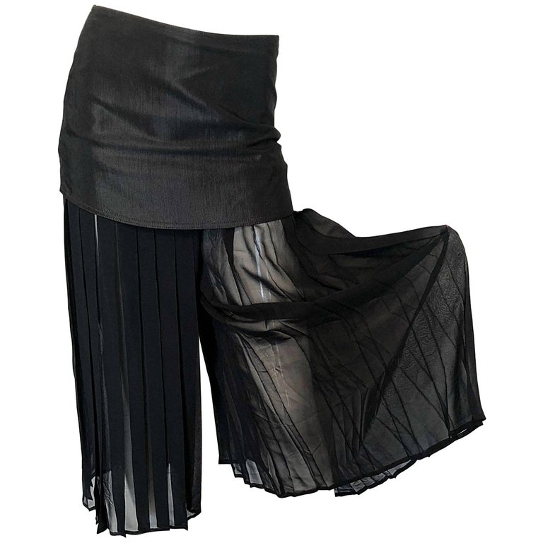 Chic 1990s Italian Black Chiffon Wide Palazzo Leg Cropped Culottes w/ Mini  Skirt For Sale at 1stDibs