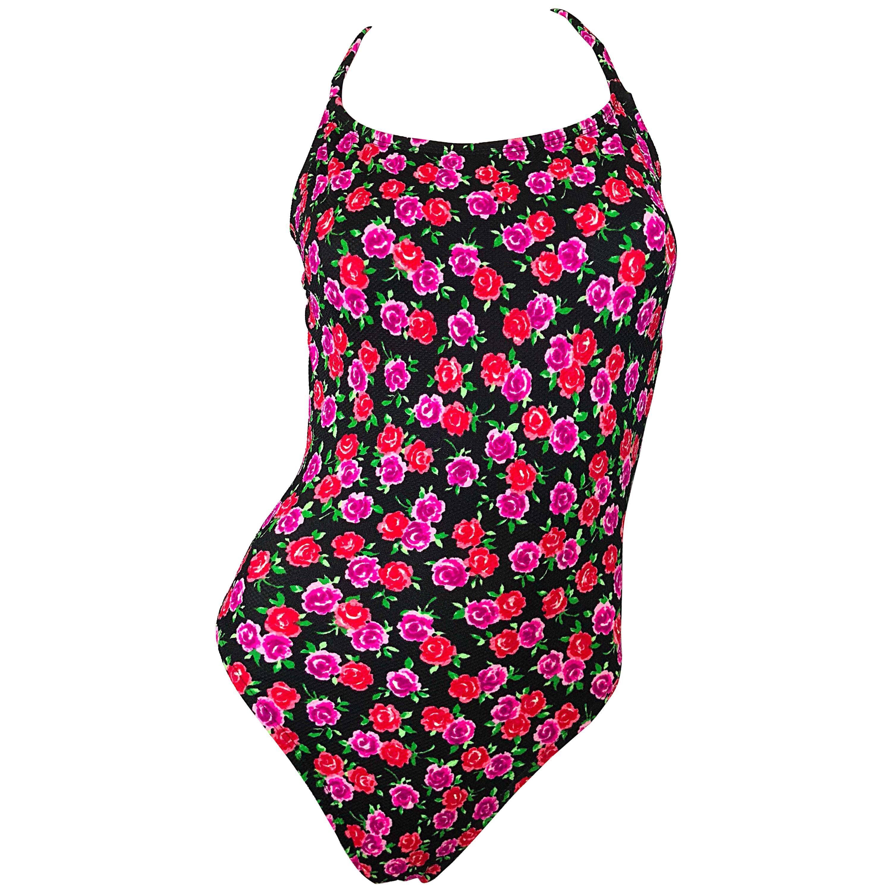 Vintage Cole of California 1980s Pink Red Rose Print One Piece Swimsuit Bodysuit