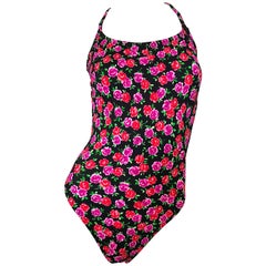 Vintage Cole of California 1980s Pink Red Rose Print One Piece Swimsuit Bodysuit
