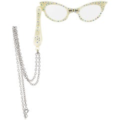 Vintage 1960s White Folding Opera Cat Eye Glasses with Rhinestone Embellishment 
