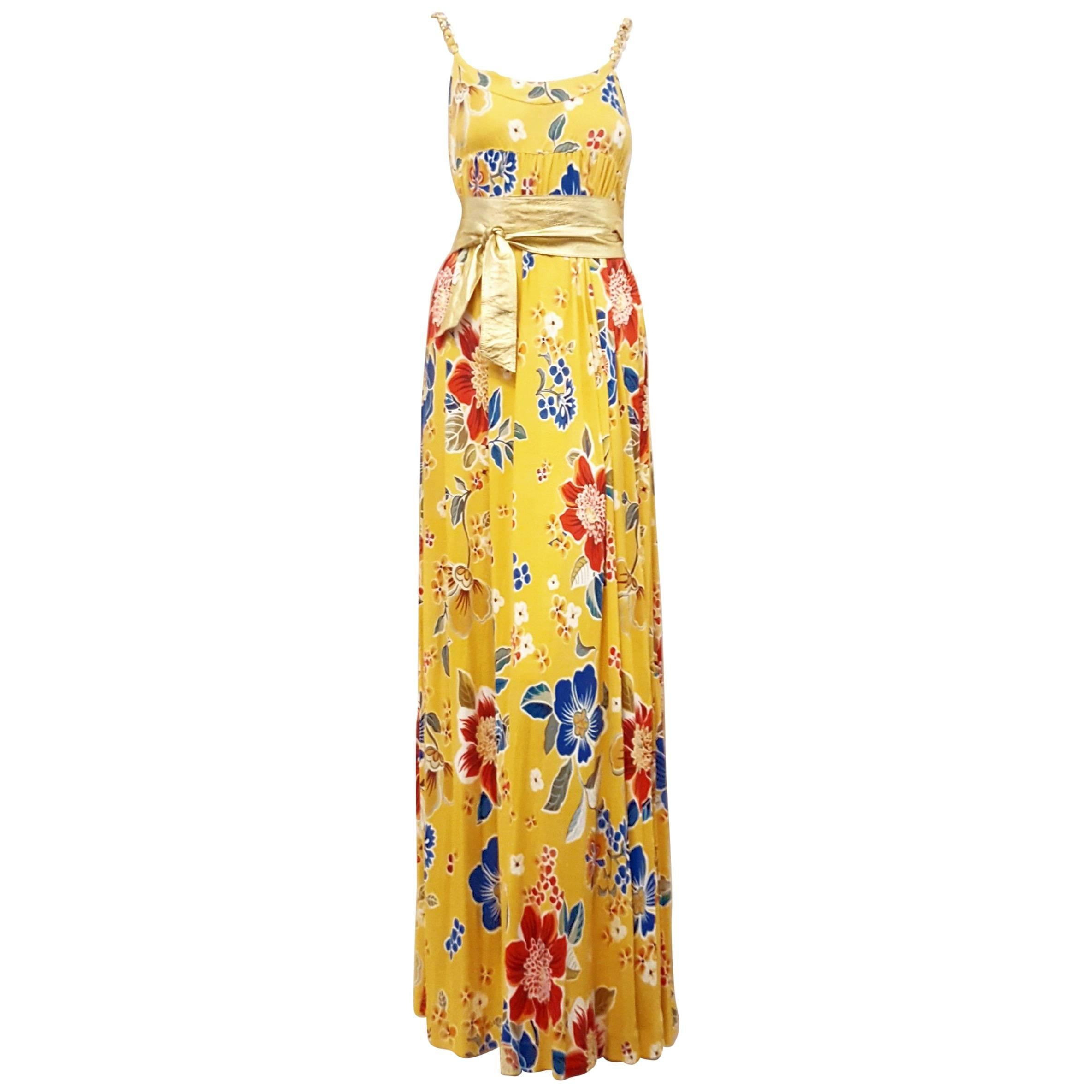 D&G Dolce & Gabbana Yellow Floral Empire Waist Dress with Gold Tone Leather Belt For Sale