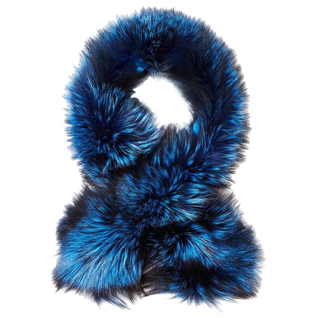 Verheyen London Lapel Cross-through Collar in Sapphire Fox Fur & Silk Lining