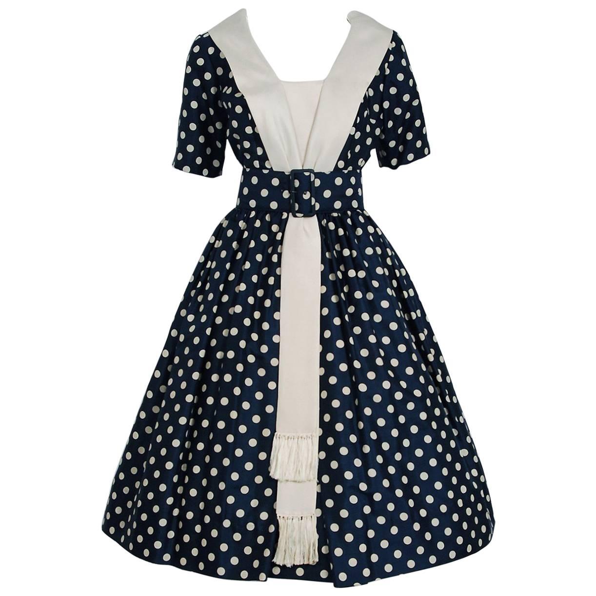 1950's Suzy Perette Navy Polka-Dot Print Silk Belted Full Skirt Dress w/Tags