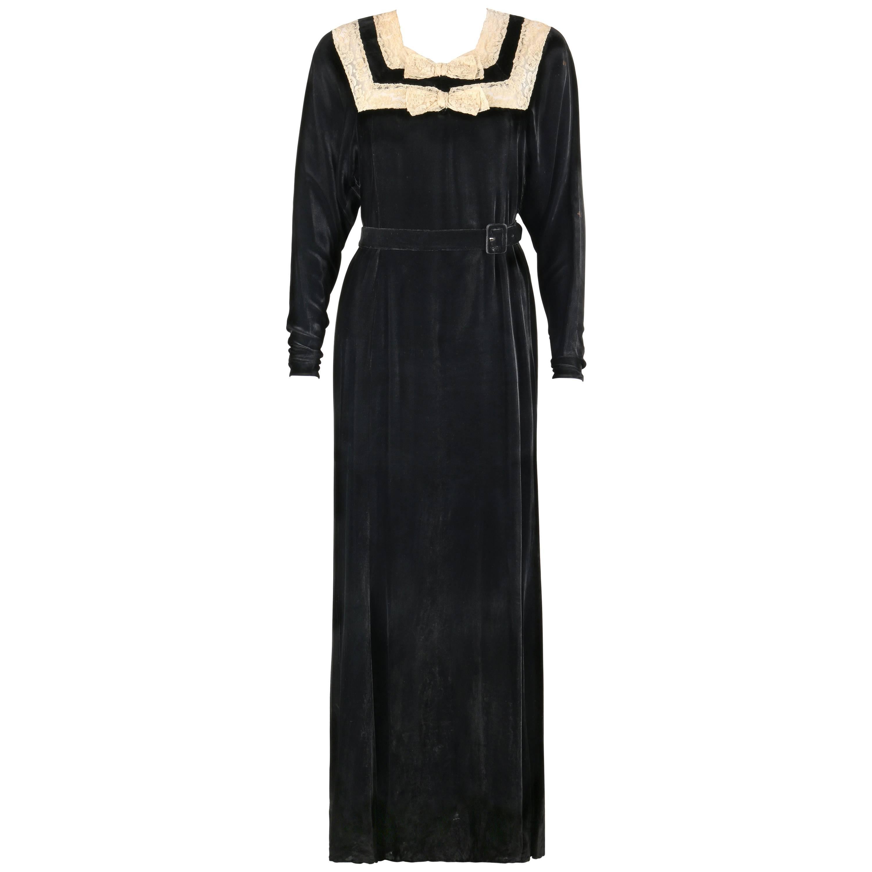 GERMAINE MONTEIL c.1930s Black Silk Velvet Belted Floral Lace Evening Dress Gown For Sale