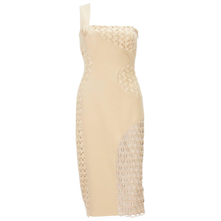 New Versace Nude Crocheted Cotton and Silk-Cady One-Shoulder Dress 40 For  Sale at 1stDibs