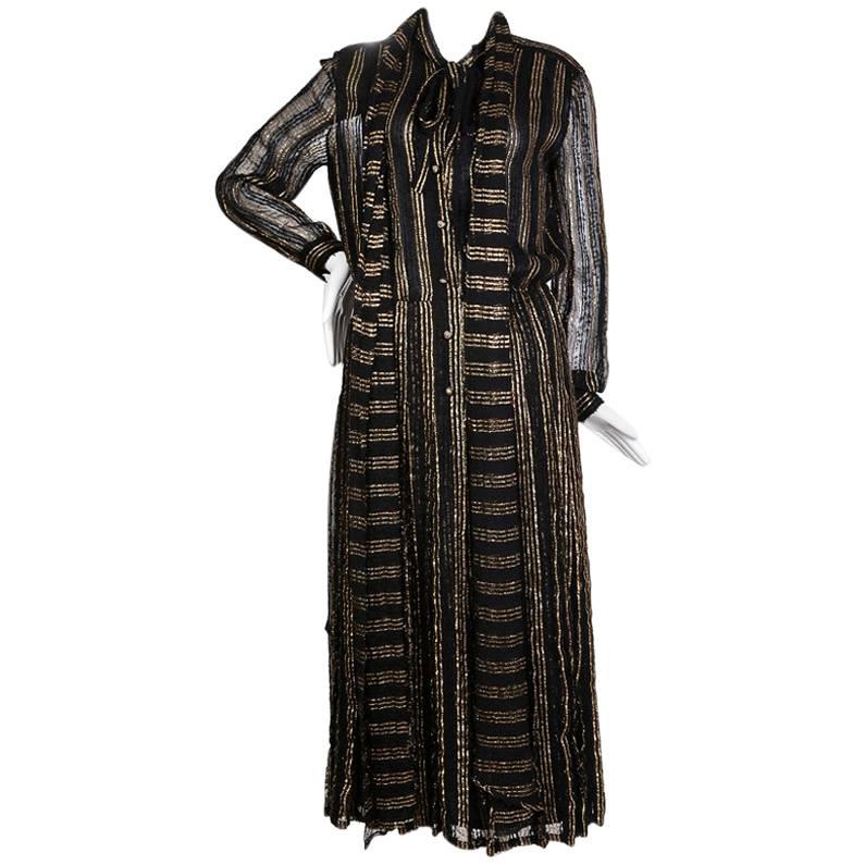  Chanel Black Lace with Gold Stripes Peasant Dress, circa 1970s