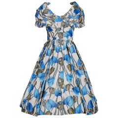 1956 Christian Dior Demi-Couture Blue Floral Silk Portrait Collar New Look Dress