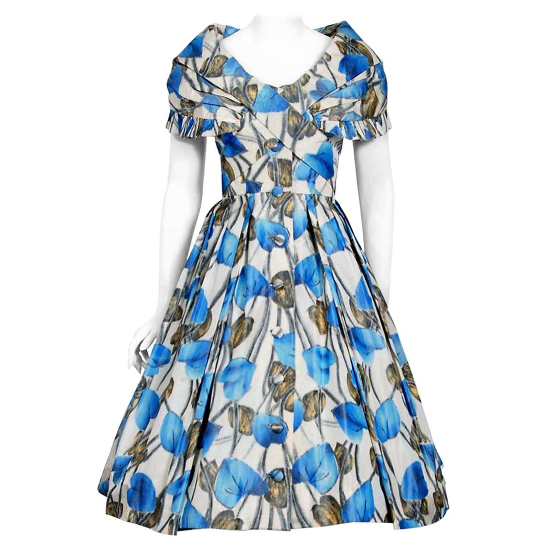 Vintage 1956 Christian Dior Couture Blue Floral Silk Portrait Collar