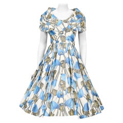 Rare 1956 Christian Dior Couture Blue Floral Silk Portrait Collar New Look Dress