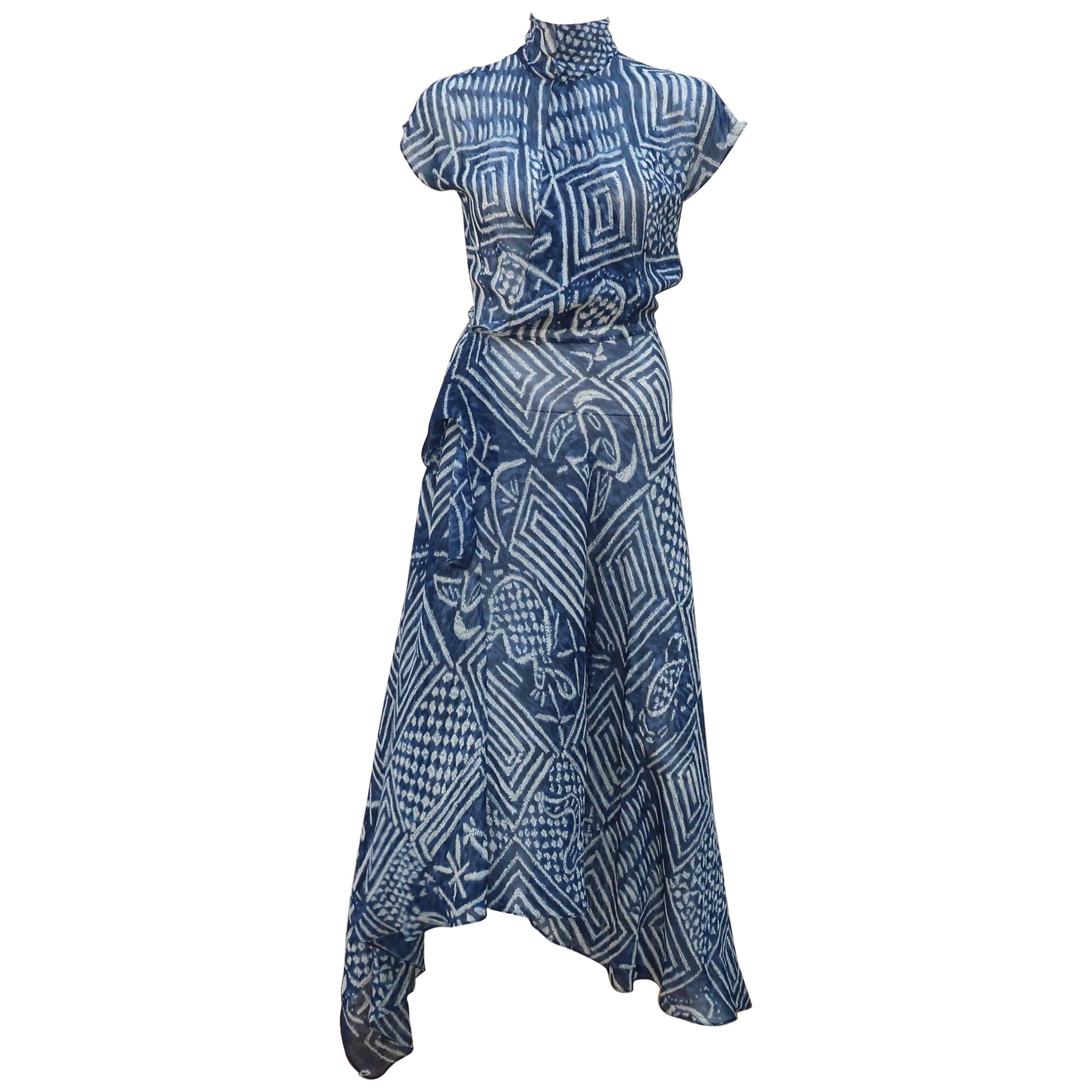 1990’s Ralph Lauren Silk Wrap Dress With Tribal Blue & White Print