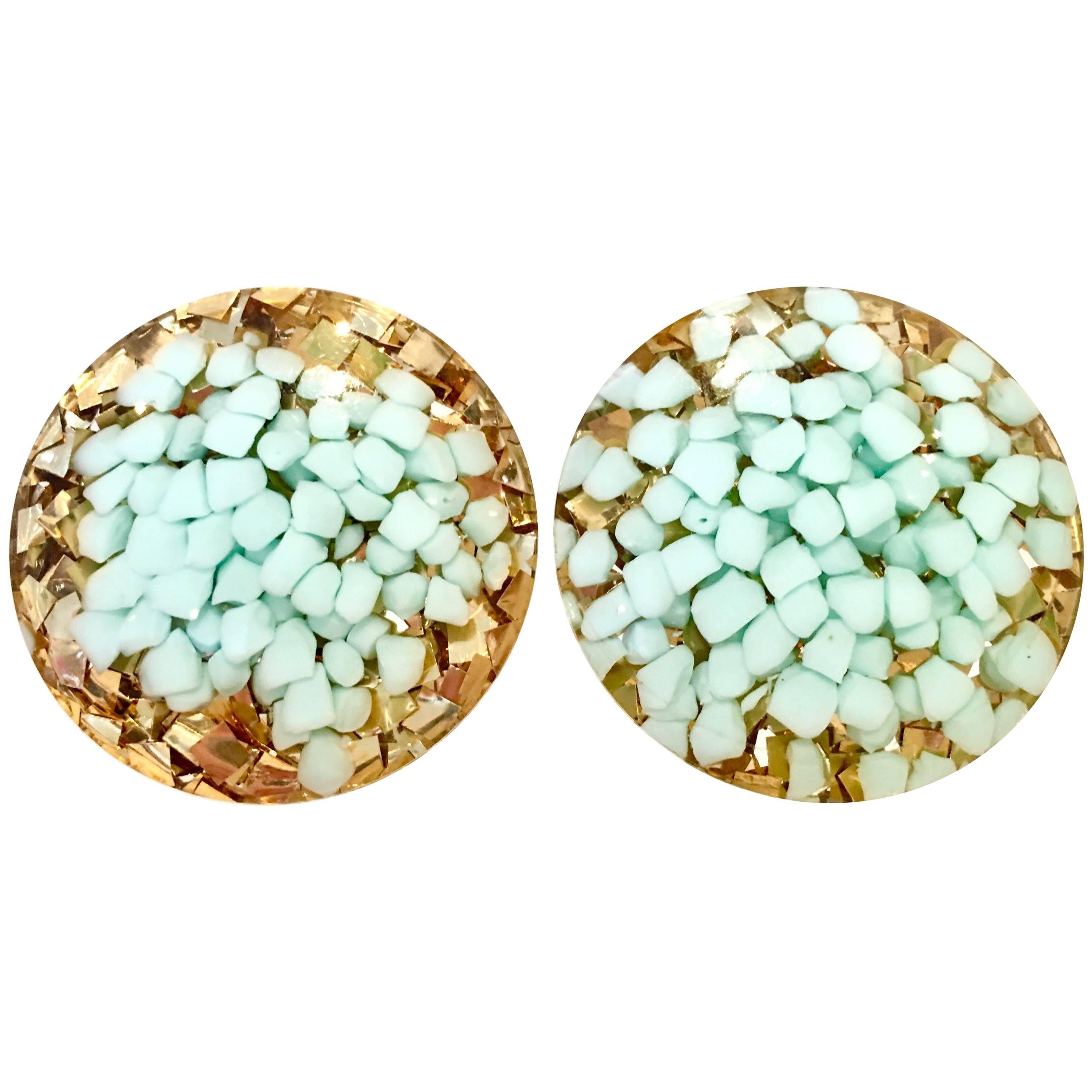 60'S Lucite Gold & Aqua Fleck Confetti Earrings For Sale