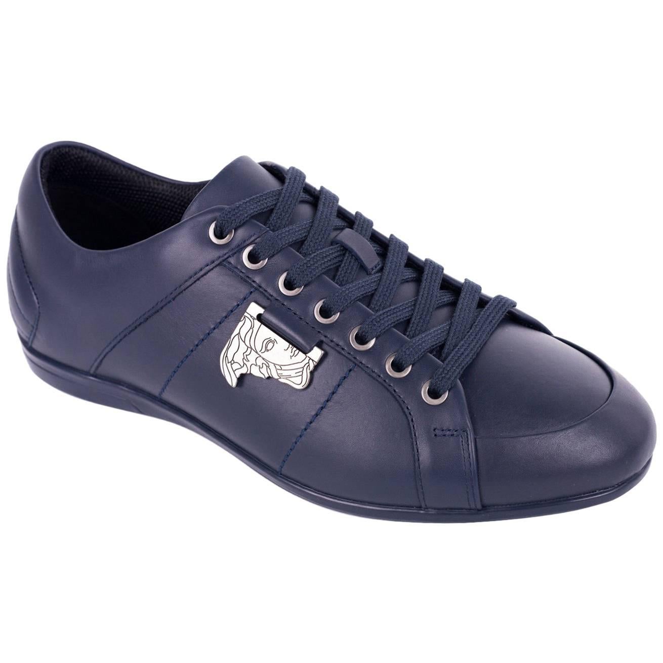 Versace Collection Blue Leather Low Top Sneakers For Sale