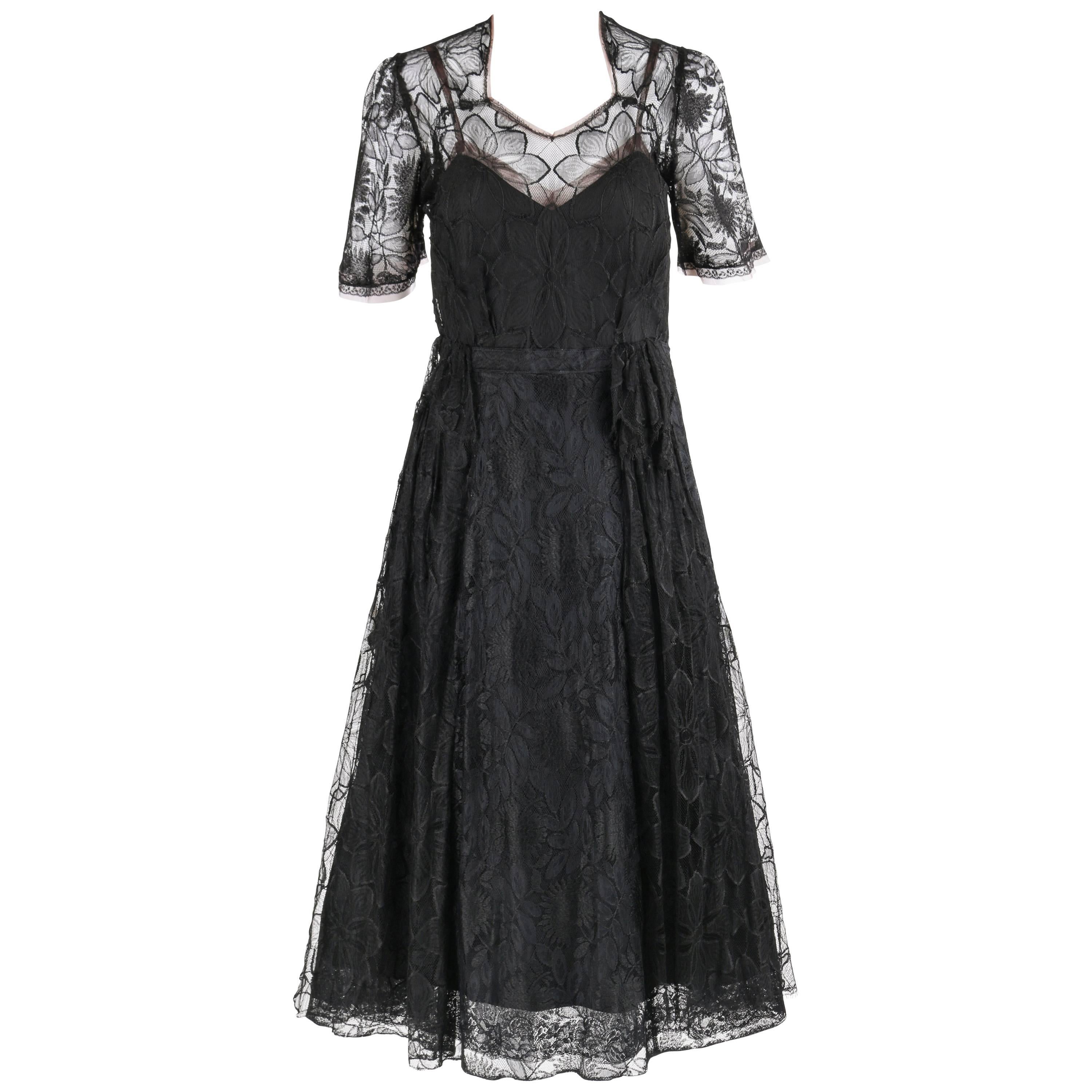 COUTURE c.1940's Black Floral Chantilly Lace Illusion Top Cocktail Dress
