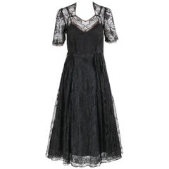 Vintage COUTURE c.1940's Black Floral Chantilly Lace Illusion Top Cocktail Dress