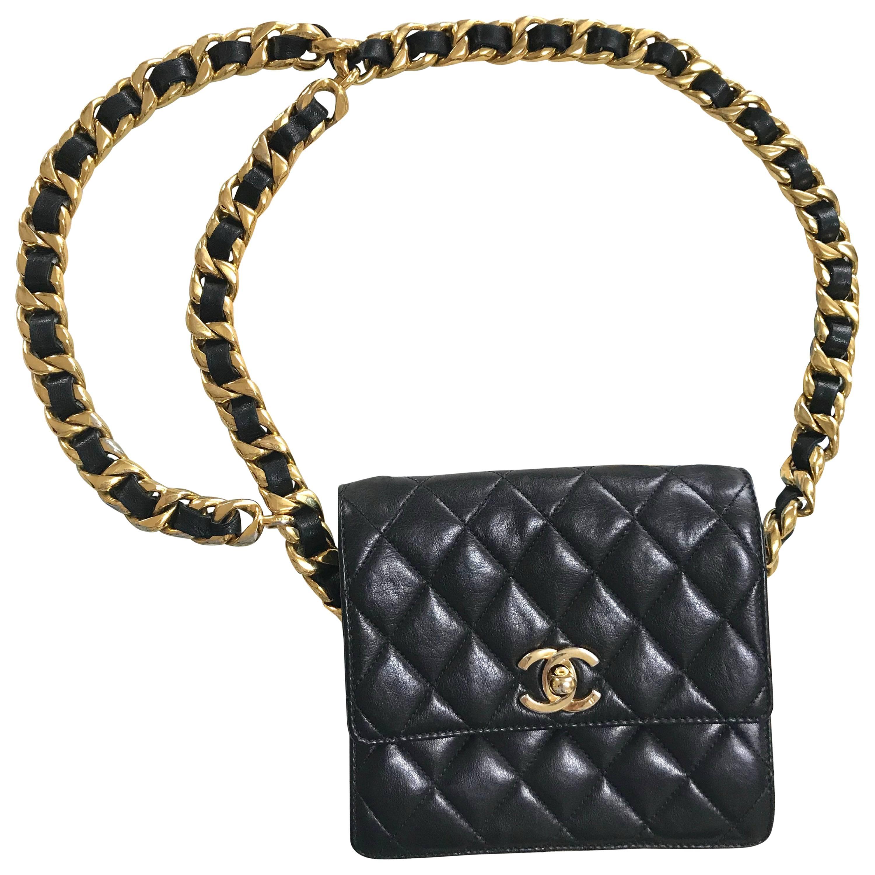 Chanel Vintage square 2.55 black fanny pack / pouch bag with thick chain belt 
