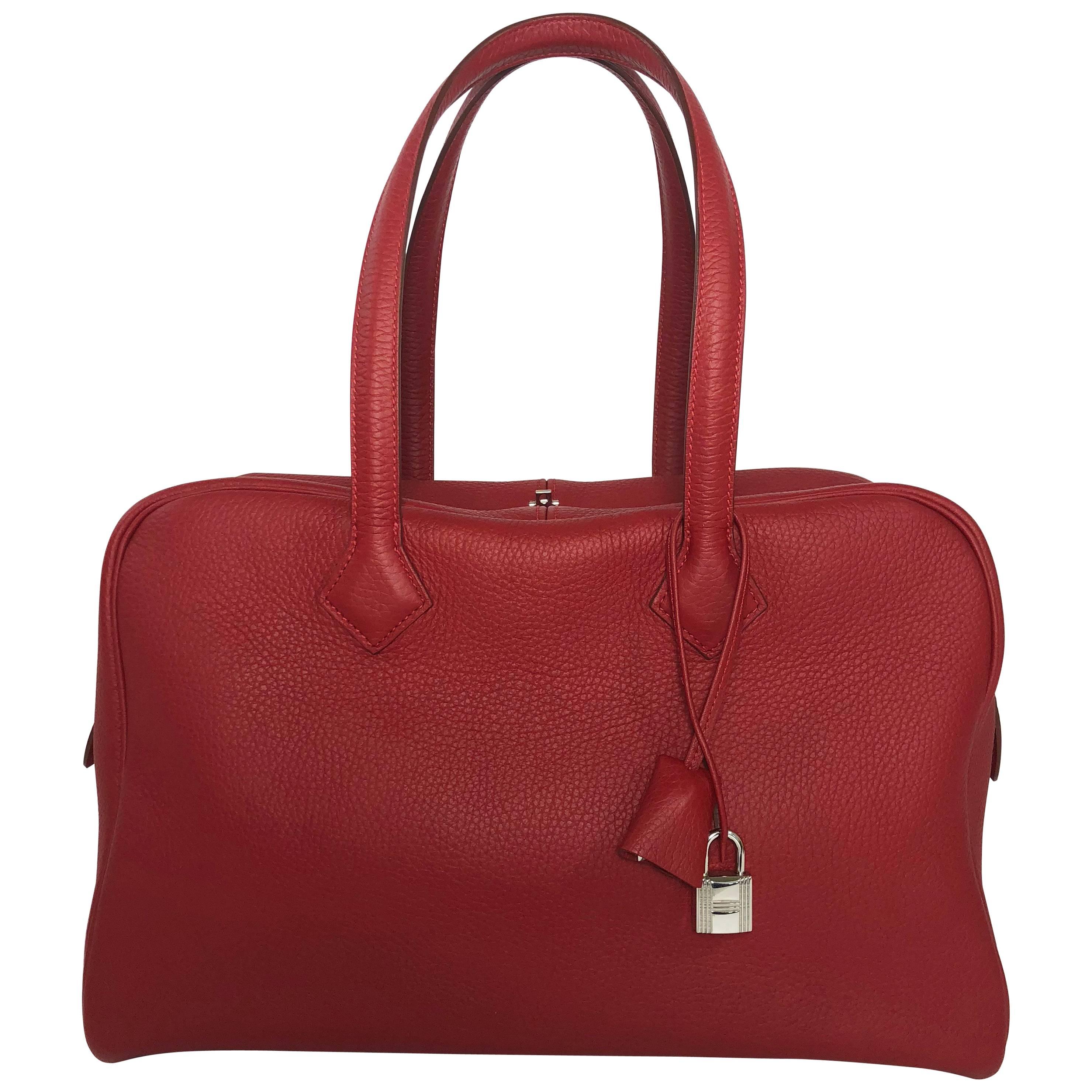 Hermes Victoria Clemence Red Leather Handbag with Palladium Hardware 