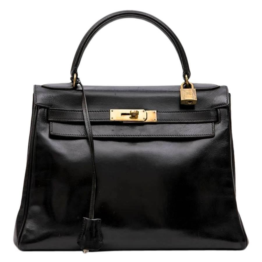 HERMES Vintage Kelly 28 Bag in Black Box Leather