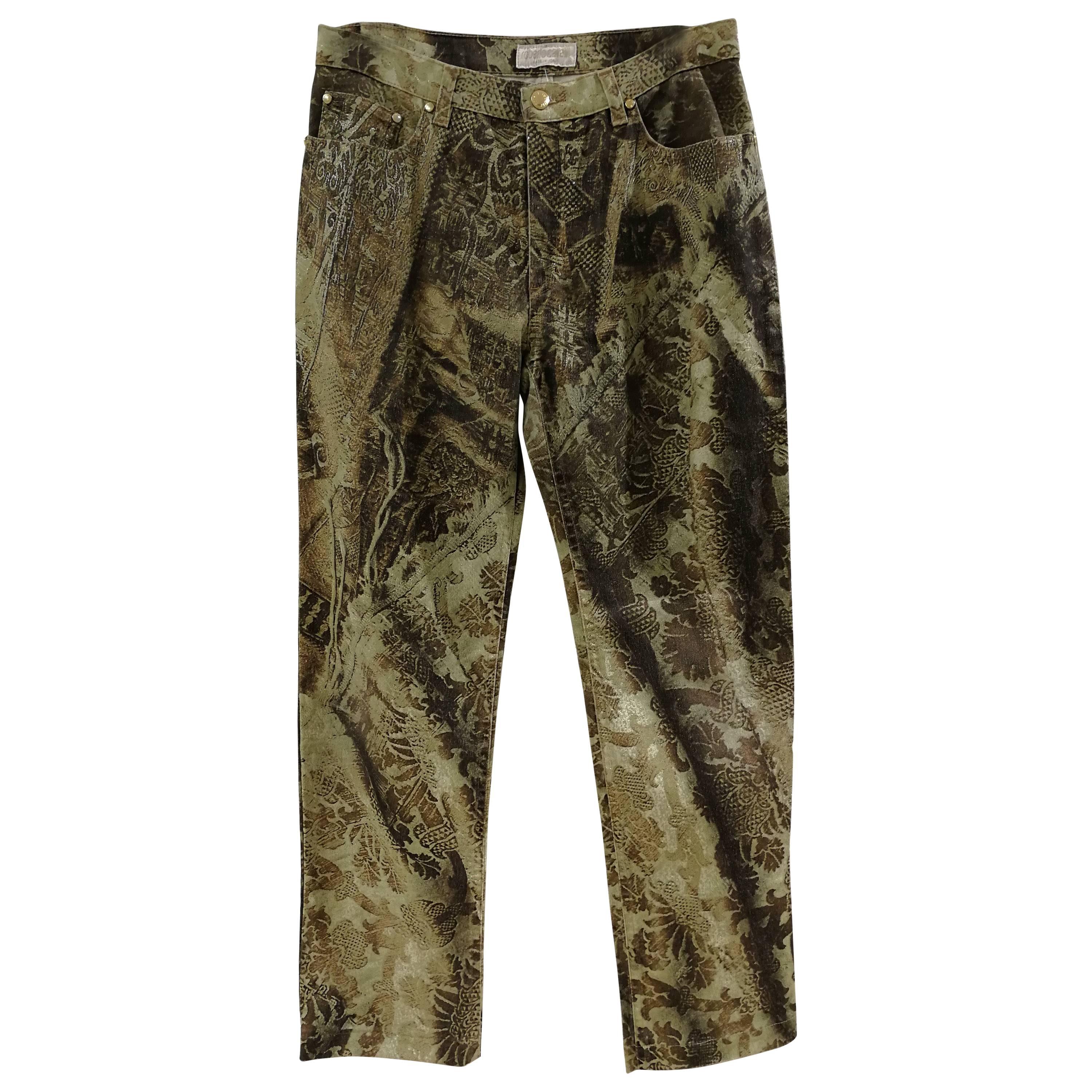 Roberto Cavalli Green Gold Trousers For Sale