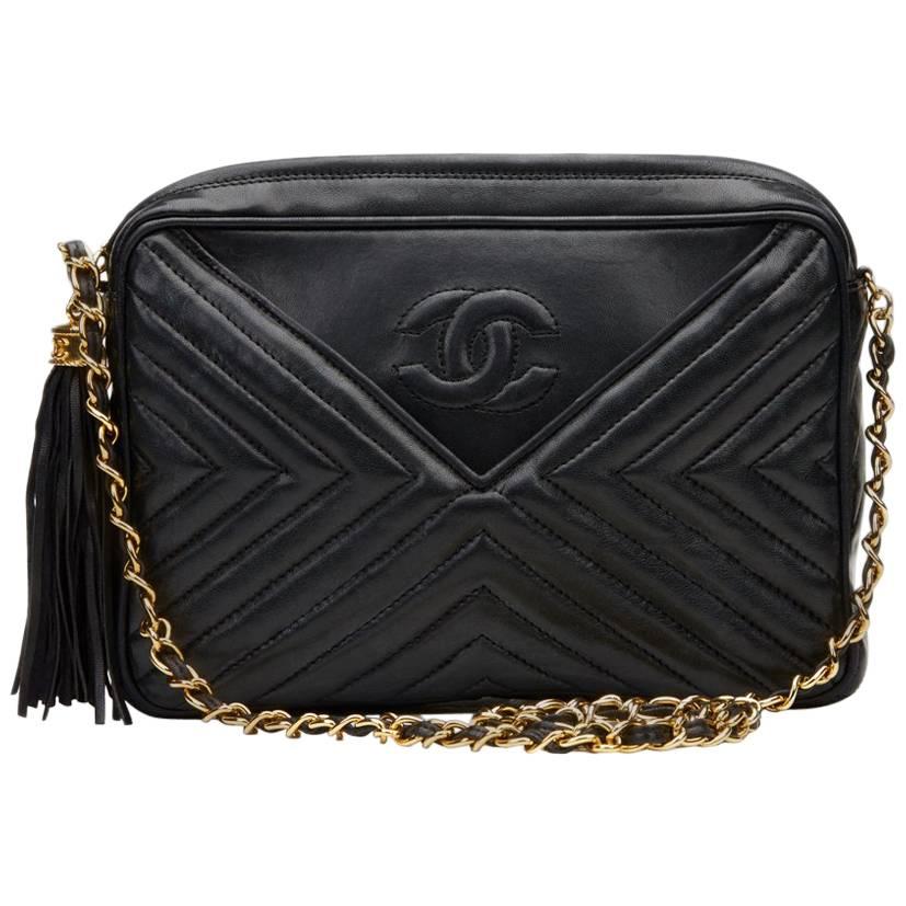 Chanel Black Chevron Quilted Lambskin Vintage Timeless Fringe Camera ...