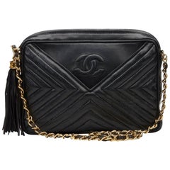 Chanel Black Chevron Quilted Lambskin Vintage Timeless Fringe Camera Bag, 1980s