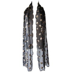 Black Mesh Silver Sequin Polka Dots Scarf  1970s