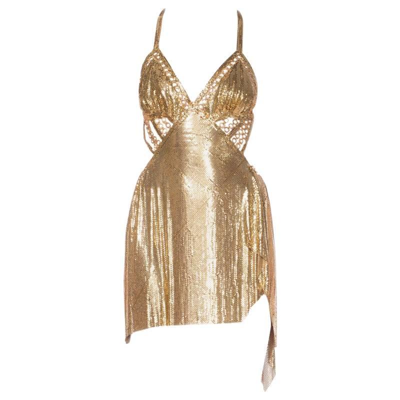 Backless Slinky Gold Mini Dress made from Vintage Metalmesh & Chains