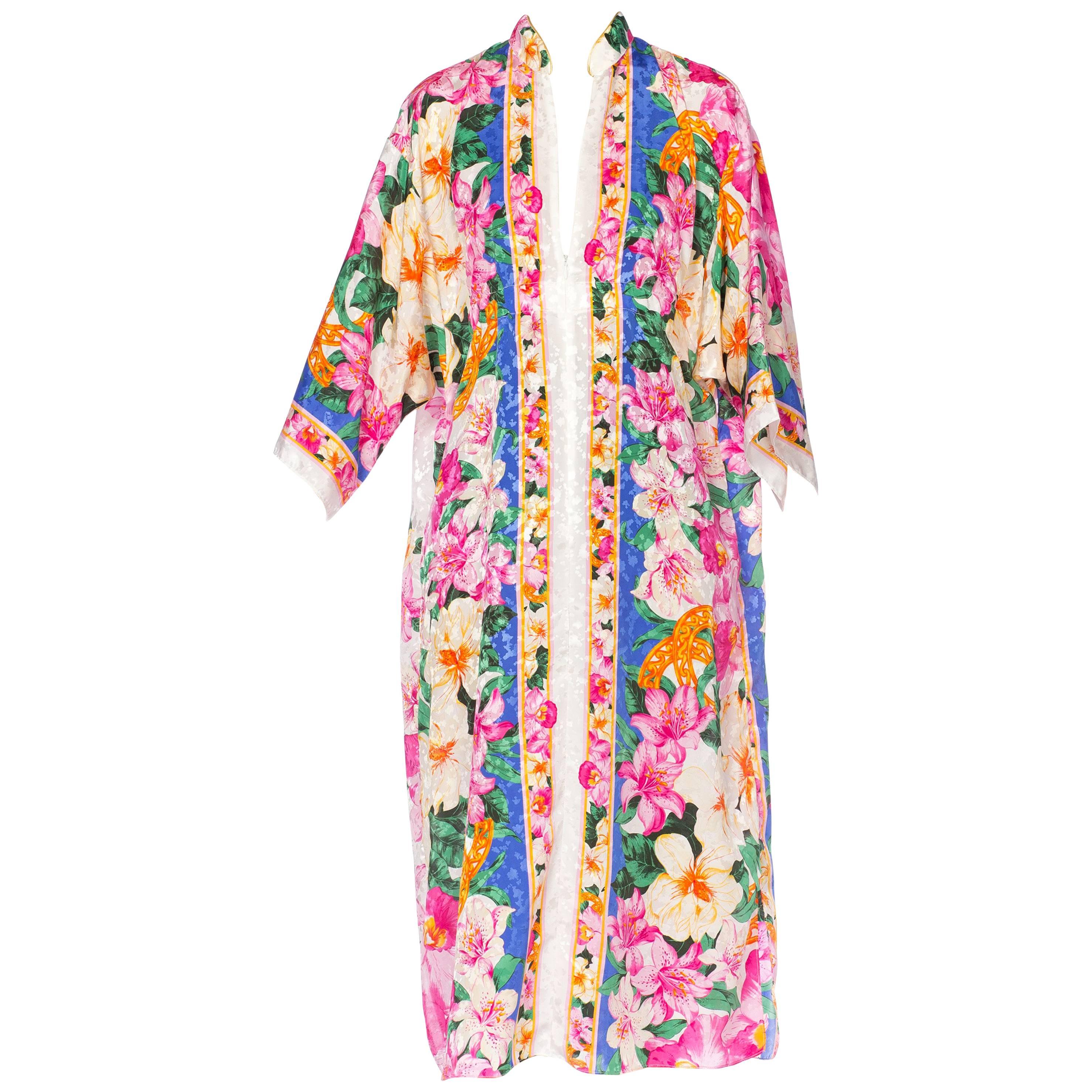 1980S Floral Multicolored Polyester Jacquard Pink Tropical Kaftan