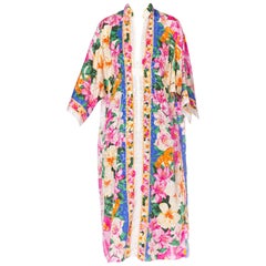 1980S Floral Multicolored Polyester Jacquard Pink Tropical Kaftan