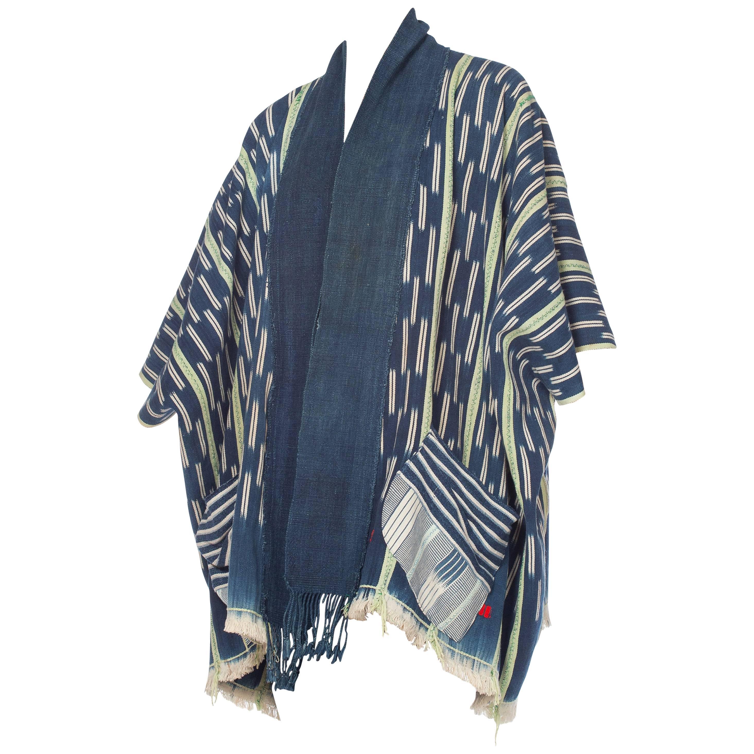 MORPHEW COLLECTION Indigo Blue & Green Cotton Handwoven African Oversized Ponch