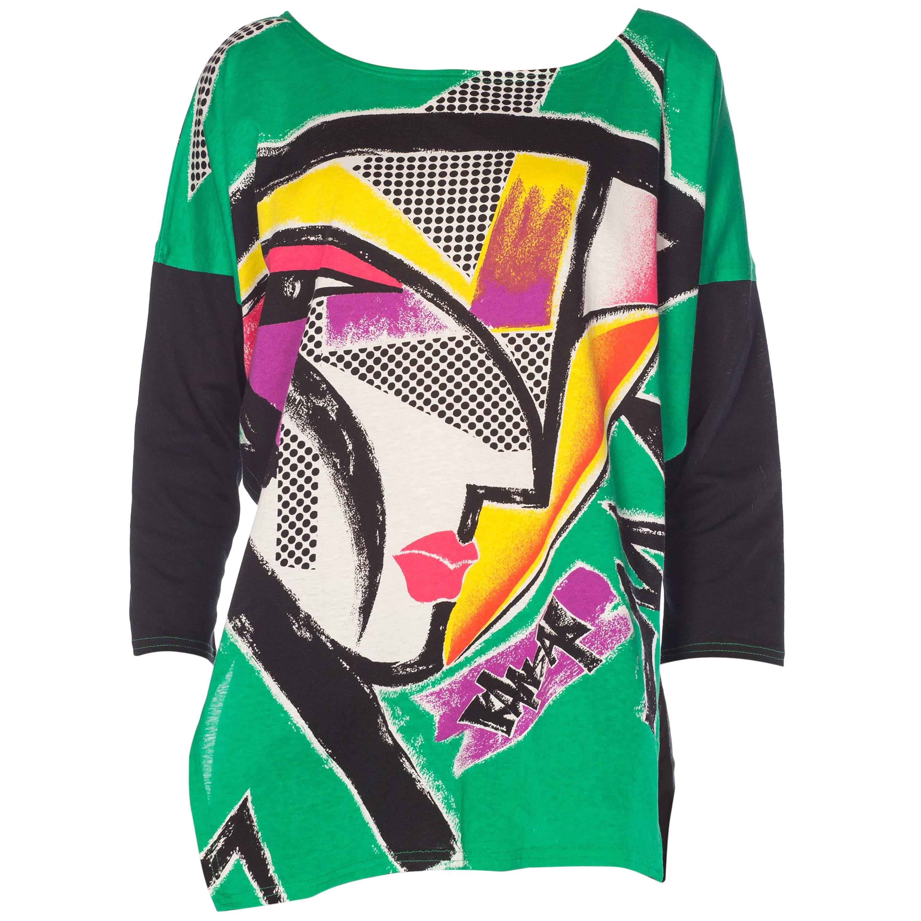 1980S KANSAI YAMAMOTO Green Asymmetrical Abstract Face Print Top With Cropped B