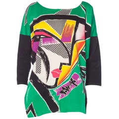 Vintage 1980S KANSAI YAMAMOTO Green Asymmetrical Abstract Face Print Top With Cropped B