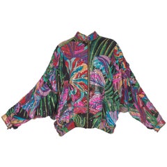 Retro Oversized Silk Track Bomber Jacket Beaded with Sequins & Tropical Birds