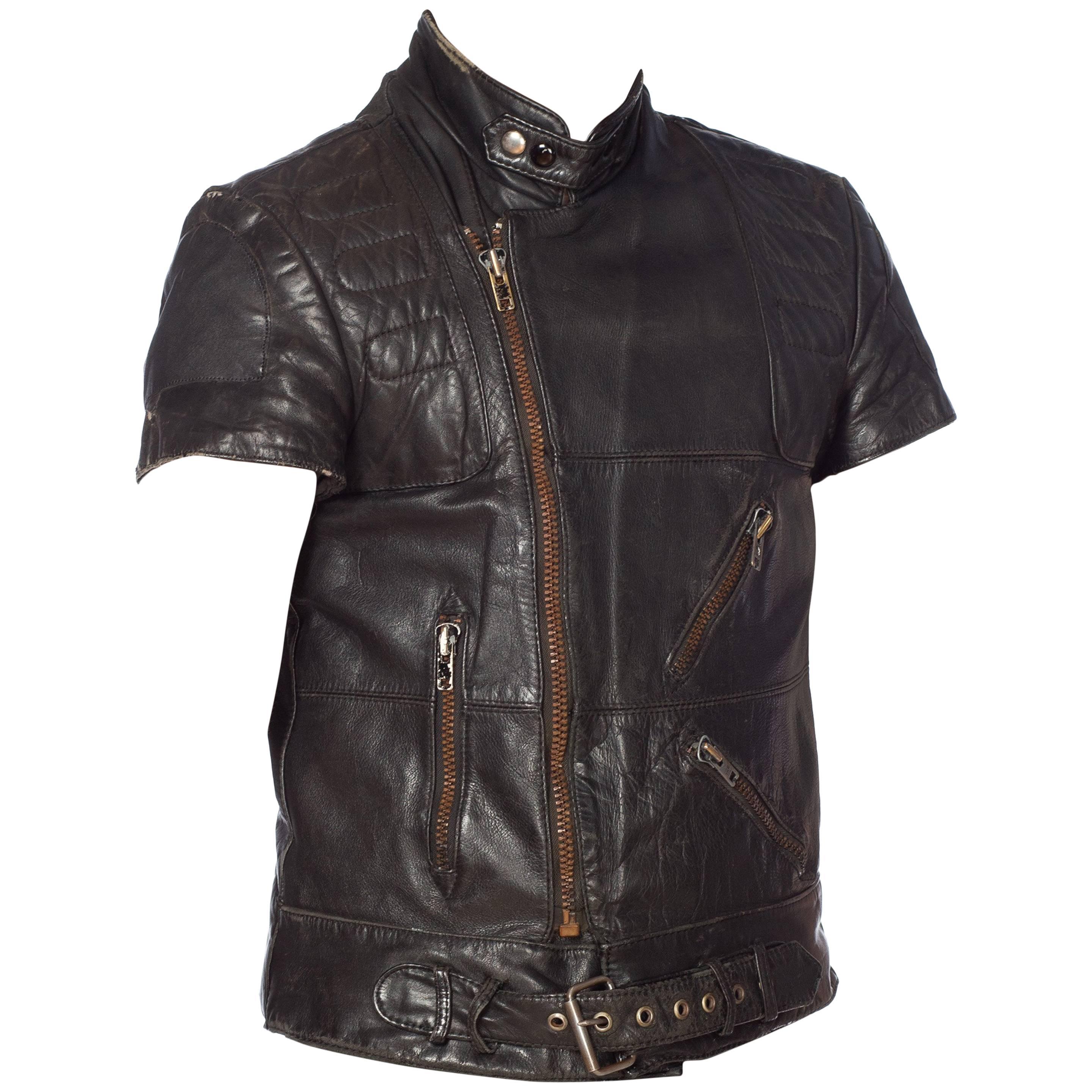 Mens Cropped Sleeve Leather Biker Jacket Formerly Belonging to the Band Justice
