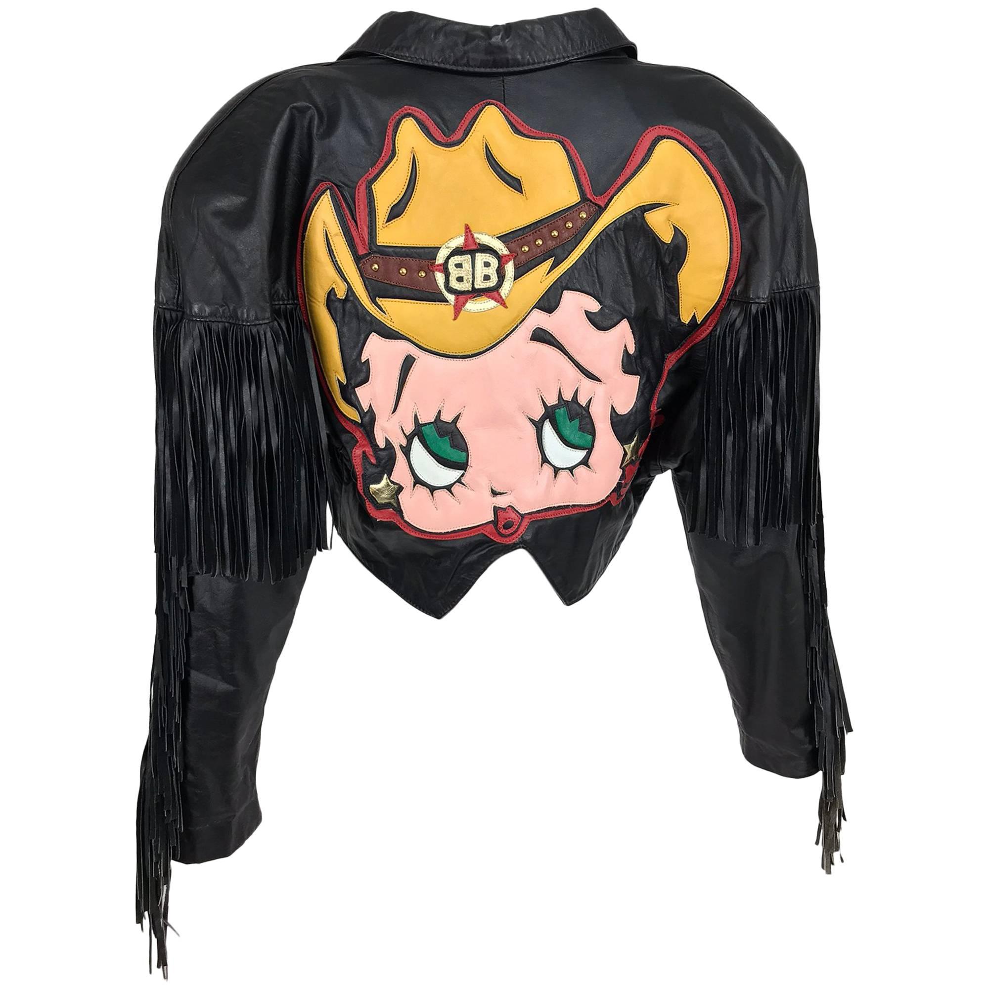 Maziar Betty Boop cowgirl black fringe leather jacket 1980s