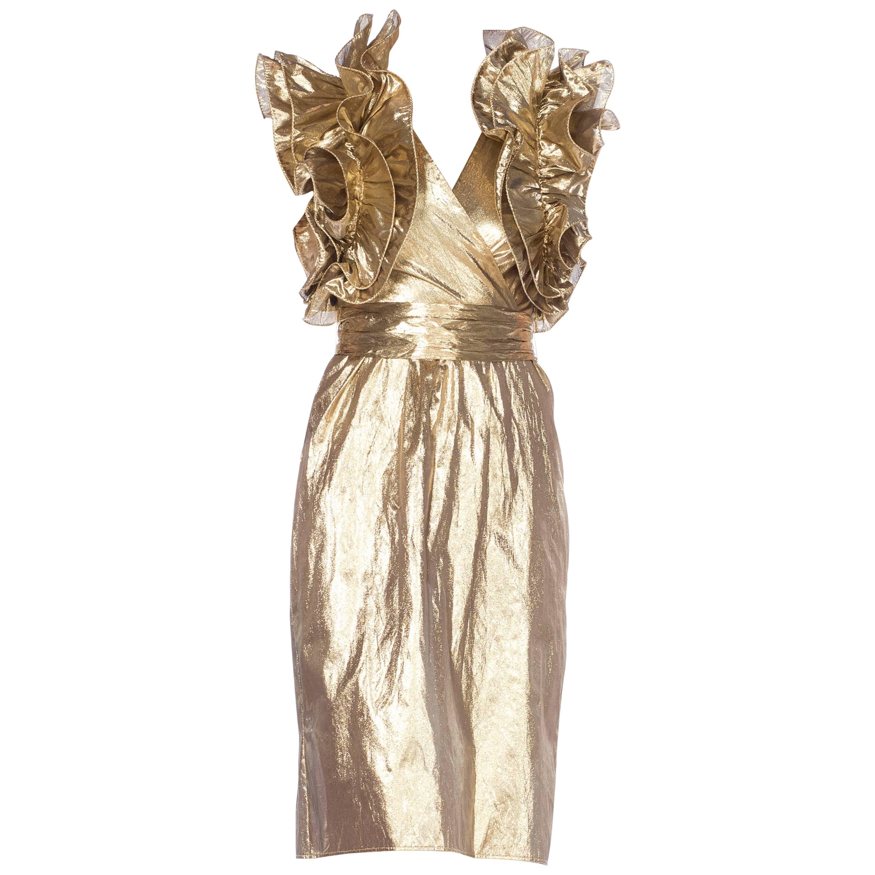 Fab Gold Lamé Gucci Style Ruffled 1980s Party Dress