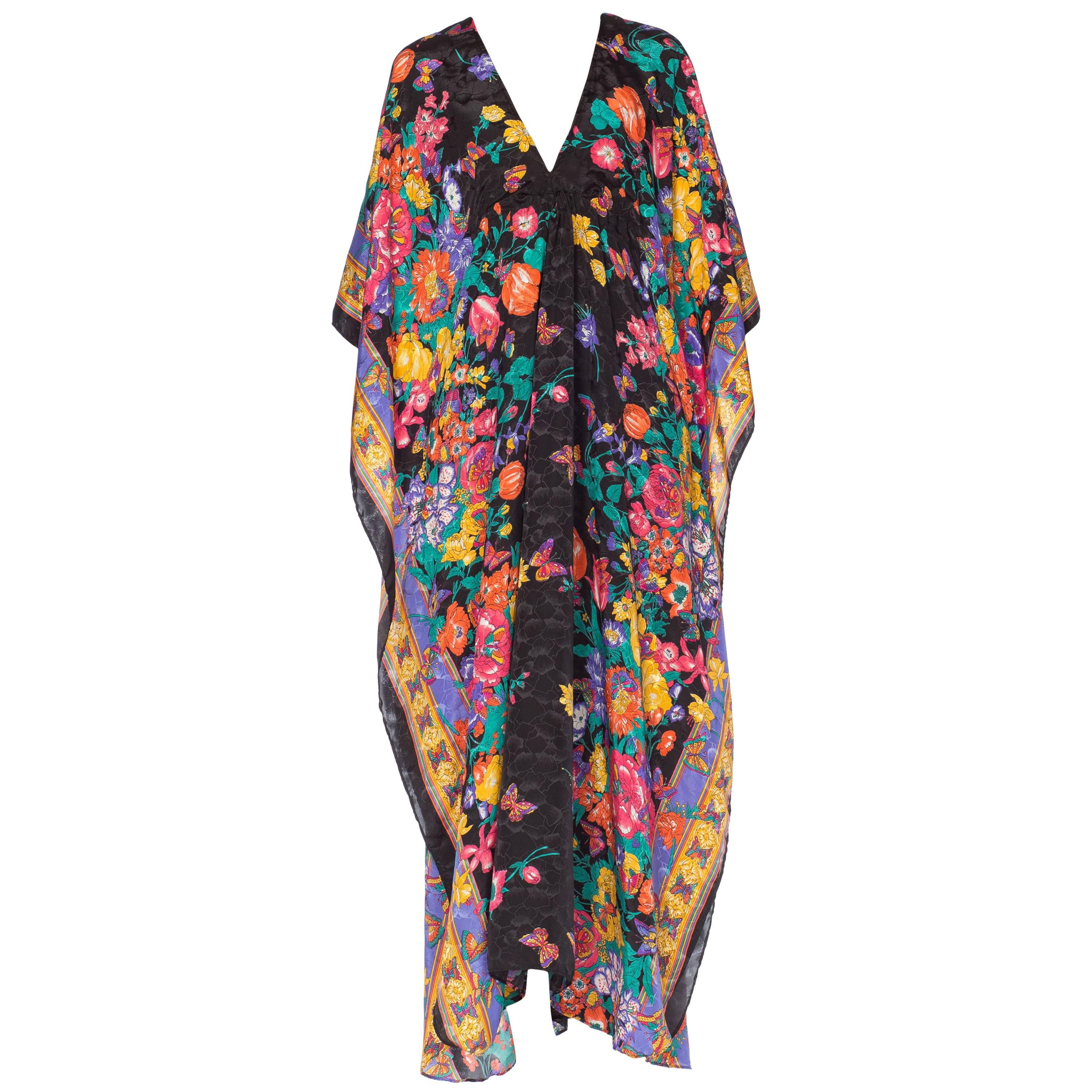 1980s Jacquard Satin Versace Style Floral Kaftan