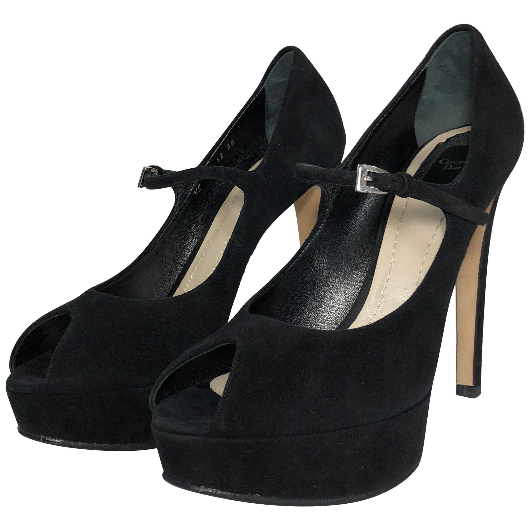 Christian Dior Stiletto Platform Peep Toe in Black Suede For Sale