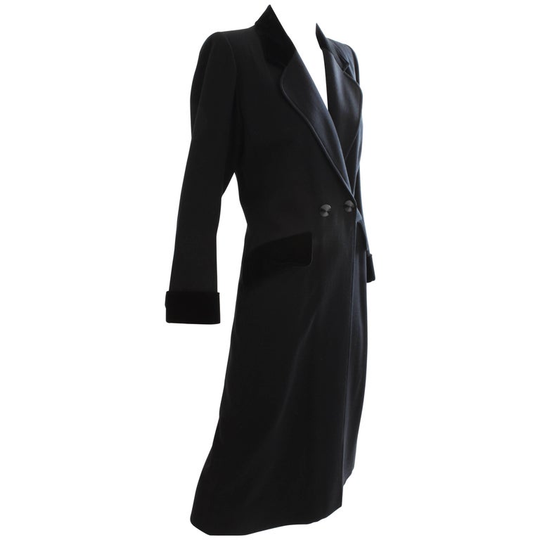 70s Yves Saint Laurent Long Black Coat Fitted YSL Rive Gauche Wool