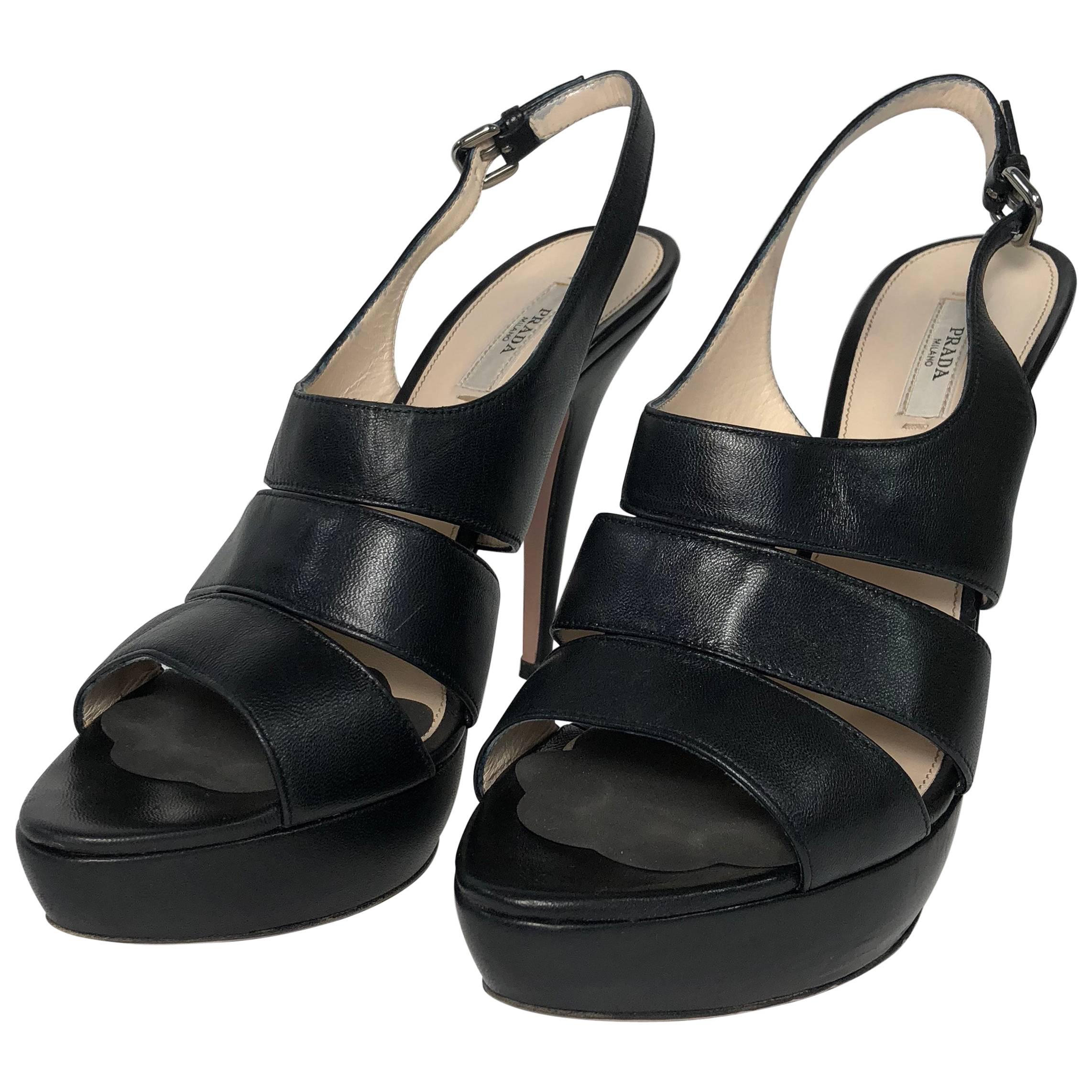 Prada Stiletto Platform Sling Back Peep Toe in Black Leather For Sale