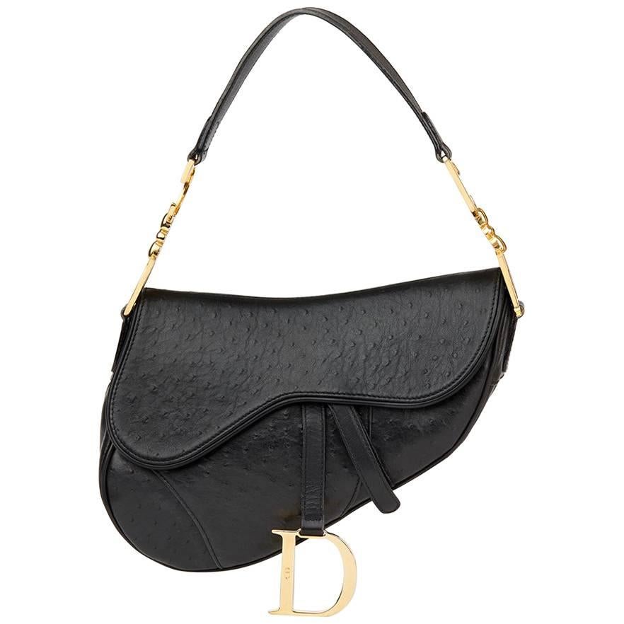 2000s Christian Dior Black Ostrich Leather Saddle Bag