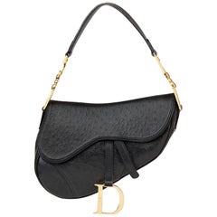 Used 2000s Christian Dior Black Ostrich Leather Saddle Bag