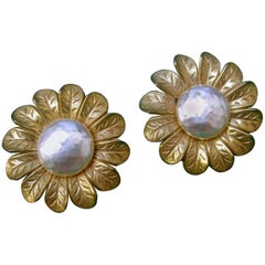 Miriam Haskell Massive Baroque Glass Pearl Sun Flower Earrings circa 1960