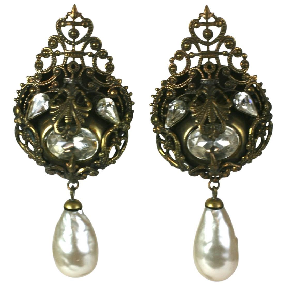  Nina Ricci French Haute Couture Pearl and Crystal Long Earclips For Sale