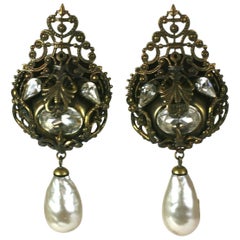 Retro  Nina Ricci French Haute Couture Pearl and Crystal Long Earclips