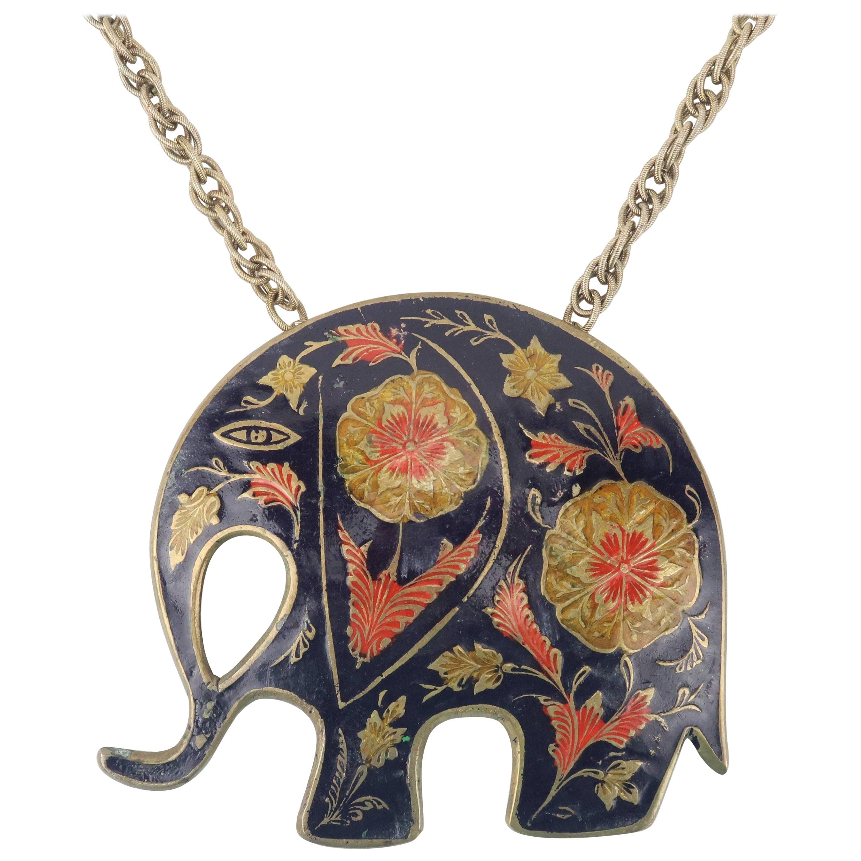 C.1970 Enamel Brass Elephant Medallion Necklace