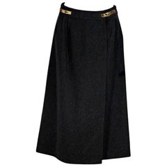 Grey Vintage Hermès Wool Long Skirt with Kelly Belt